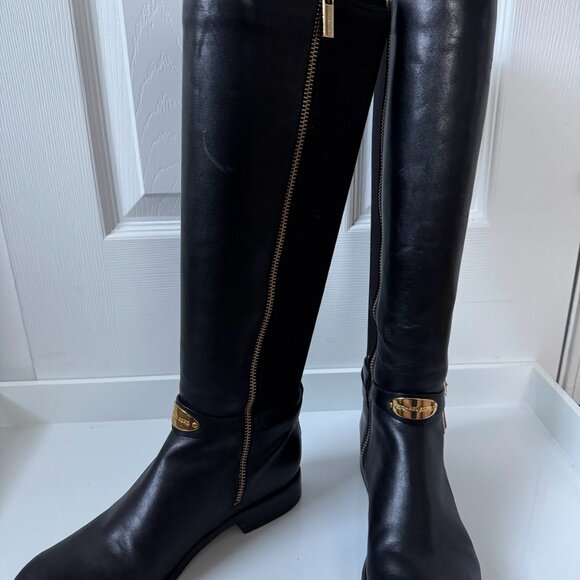 Michael Kors Black Leather Heeled Boots with Gold Accents - Picture 2 of 10